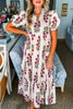 Beige Floral Short Bubble Sleeve Tiered Maxi Dress
