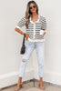 Beige Stripe Ruffle Trim Button Down Knit Short Sleeve Sweater Cardigan