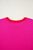 Rose Red Contrast Trim Round Neck Short Sleeve Loose Knit Sweater
