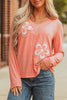 Fresh Salmon Floral Patchwork V Neck Long Sleeve T Shirt