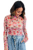 Red Floral Print Long Sleeve Slim Fit Mesh Top