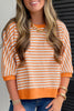 Orange Stripe 3/4 Sleeve Exposed Seam Patchwork Pullover Top