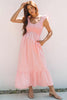 Pink V Neck Flutter Sleeve Smocked Bodice High Waist Ruffle Maxi Dress