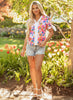 White Floral Colorblock Striped Edge V Neck Knotted Short Sleeve Blouse