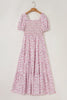 Pink Frilly Shirred Bodice Tiered Floral Maxi Dress