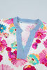 Beige Floral Print Short Puff Sleeve Striped Trim V Neck Blouse