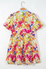 Rose Bright Floral Print Ricrac Trim Striped Patchwork V Neck Dress