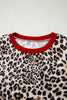 Brown Leopard Print Contrast Trim Round Neck Long Sleeve Top