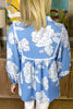 Sky Blue Floral Ricrac Trim Collared Puff Sleeve Loose Blouse
