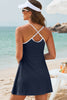 Dusk Blue Color Block Edge Ribbed Pocketed Lined Swim Dress