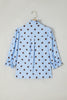 Sky Blue Polka Dot Print Ruffle Stand Neck 3/4 Sleeve Shift Shirt