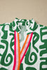 Green Abstract Print Striped Trim V Neck Short Sleeve Blouse