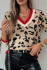 Khaki Leopard Pattern V-Neck Contrast Rib Knitted Sweater