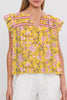 Yellow Floral Notched Neck Ruffled Sleeve Casual Blouse