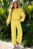 Bright Green Drop Shoulder Puff Sleeve Crop Pullover Drawstring Wide Leg Pants Set