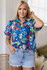 Blue Flower Print Collared V Neck Puff Short Sleeve Loose Blouse