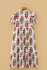 White Floral Print V Neck 3/4 Sleeve Loose Mini Dress