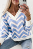 Sky Blue Zigzag Striped Print V Neck Oversized Top