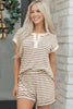 Brown Stripe Half Buttons Top and Shorts Set