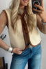 White Horizontal Ribbed Knit Contrast Trim Ties Front Sweater Vest