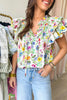 White Floral Print Ruffle Tiered Sleeve Split V Neck Blouse
