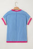 Sky Blue Textured Contrast Trim Round Neck T Shirt
