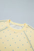 Gray Polka Dot Print Piping Trim 3/4 Sleeve Relaxed Top