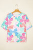 Sky Blue Bowknot Printed Waffle Crewneck Loose Short Sleeve Top