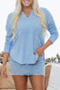 Smoke Green Notched Neck Terry Raw Hem Long Sleeve Top