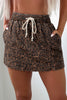 Brown Leopard Print Elastic Waist Drawstring Denim Skort