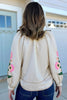 Khaki Stripe V Neck Floral Embroidered Long Sleeve Blouse