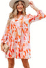 Orange Abstract Print Split Neck Long Sleeve Dress