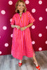 Red Stripe V Neck Cuffed Sleeve Relaxed Split Midi Dress