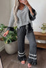 Blue Stripe V Neck Ruffle Contrast Sleeve Top Drawstring Pants 2pcs Set