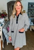 White Stripe Buttoned Front Collared Long Sleeve T Shirt Dress with Pockets