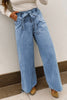 Beau Blue Western Washed Bow Knot Sash Wide Leg Jeans
