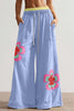 Sky Blue Color Block Flower Patchwork Drawstring Contrasted Elastic Waist Wide Leg Pants