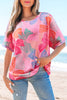 Pink Bowknot Printed Waffle Crewneck Loose Short Sleeve Top