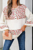 Red Floral Print Gauze Patchwork Henley Button 3/4 Sleeve Blouse