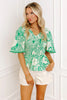 Green Flirty Floral Smocked V Neck Blouse