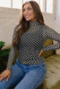 Black Plaid Stand Neck Long Sleeve Mesh Top
