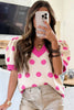Rose Red Polka Dot Puff Short Sleeve Sweater Top