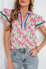 Pink Floral Print Contrast Trim V Neck Double Ruffled Short Sleeve Blouse