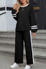 Chestnut Varsity Stripe Patchwork Puff Sleeve Pullover Drawstring Wide Leg Pant Set