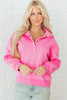 Bright Pink Half Button Stand Neck Drop Shoulder Sweatshirt