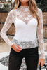 Apricot Pink Sheer Floral Lace Mesh Mock Neck Long Sleeve Top