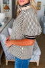 Black Stripe Polo Collar Half Zip Short Puff Sleeve Blouse