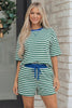Green Stripe Drop Shoulder Boxy Casual Terry Short Set