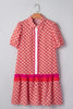 Orange Geometric Floral Print Color Block Trim Button Front Ruffle Hem Dress