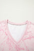 Pink Abstract Print V Neck Loose Tee Drawstring Shorts 2pcs Outfit